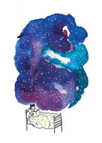 Mujer recostada bajo una gran nube estrellada en acuarela, ilustración de Sara Puig Alier
