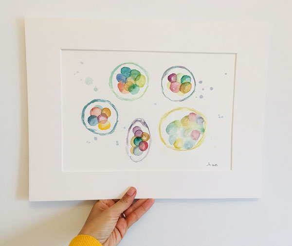 Acuarela personalizada de embriones en colores pastel, obra artística de Sara Puig Alier
